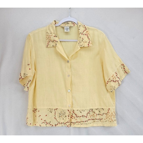 Vintage 100% Linen Floral Top Blouse Sz Large Spring Yellow John Paul Richard - Picture 2 of 8